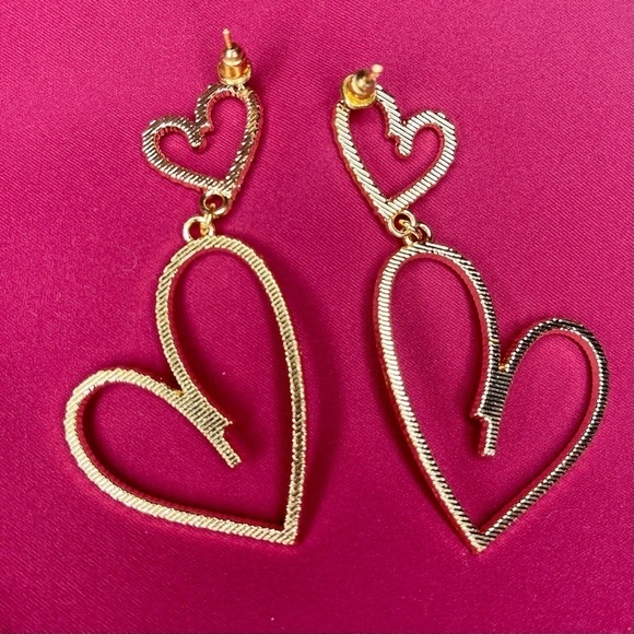 Gold Rhinestone Double Love Heart Drop Dangle Earrings Nwt - Picture 5 of 8
